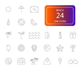 Line icons set. Beach pack. Vector illustration	