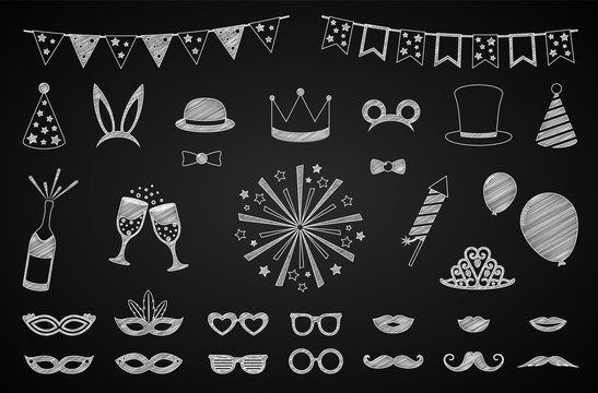 Hand drawn party icons - carnival, photo booth, birthday. Vector.