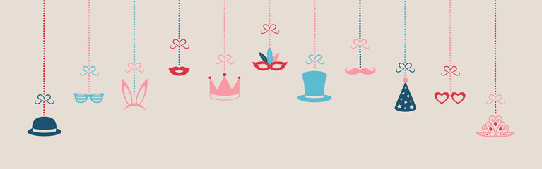 Funny costumes for carnival, photo booth and birthday party. Panoramic header. Vector.