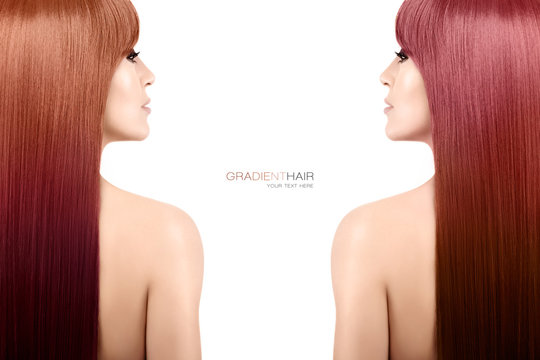 Hair colour beauty concept. Woman with gorgeous long gradient hair