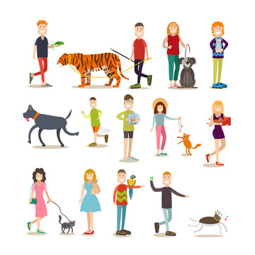 Pet owners with their animals vector flat icon set