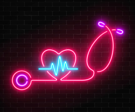 Glowing neon medicine concept sign with cardiogram graph in heart shape and stethoscope on a brick wall background.
