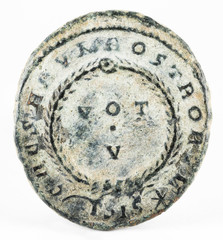 Ancient Roman copper coin of Emperor Crispus. Reverse.