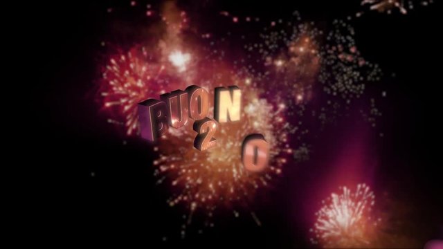 Seamless looping fireworks with the 3d animated text &bdquo;Buon Anno (happy new year in Italian) 2025&rdquo; in 4K resolution