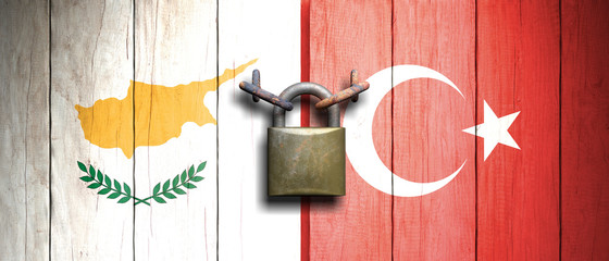 Turkey and Cyprus flags on wooden door with padlock. 3d illustration