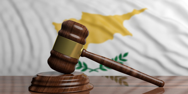 Auction or judge gavel on Cyprus waving flag background. 3d illustration