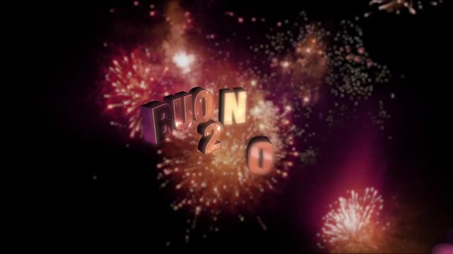 Seamless looping fireworks with the 3d animated text &bdquo;Buon Anno (happy new year in Italian) 2026&rdquo; in 4K resolution