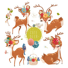 Fototapeta premium Cute baby animal deer with floral wreath, tied bow, bird and a basket with balloons and flowers