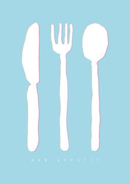 Hand drawn doodle cutlery. Vector fork, spoon and knife illustration  