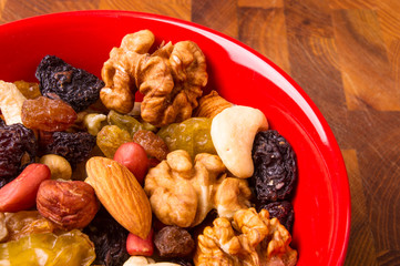 different mixed nuts and raisins