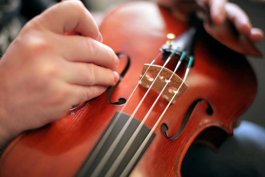 Violinist adjusts the violin