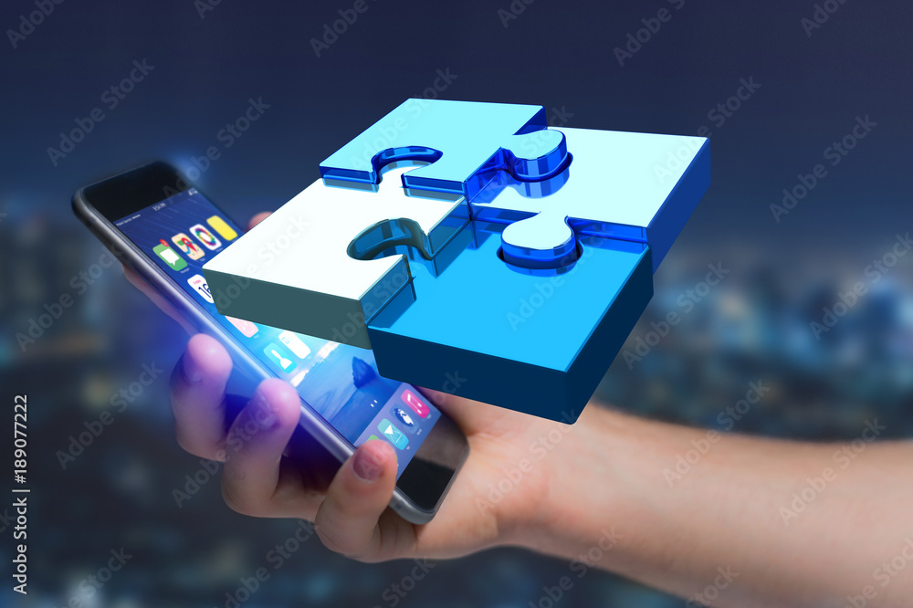 Poster four puzzle pieces making a logo on a futuristic interface - 3d rendering