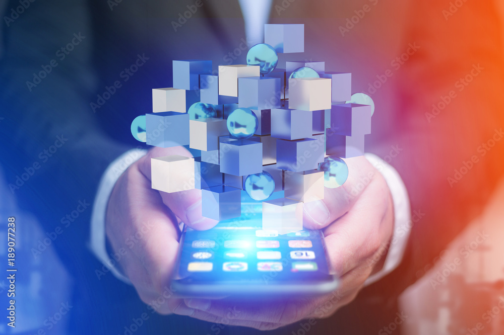 Aufkleber 3d rendering blue and white cube on a futuristic interface