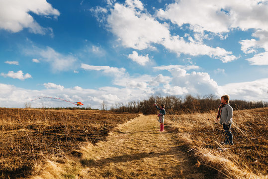Boy and girl flying a kite in a rural landscape