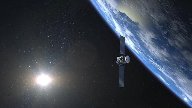 The satellite scan and monitor the Earth. The satellite is slowly approaching. The earth rotates slowly. 4K.