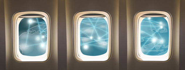 three  windows airplane with map and location travel concept 