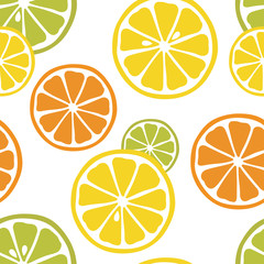 Seamless pattern with slices of lemon, orange and lime on the white background. Great for print on  fabric . Vector illustration. 
