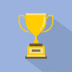 Flat gold Trophy isolated blue background vector illustration.Award and success concept.Golden cup for winner.