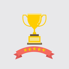 Flat gold Trophy with ribbon and five stars vector illustration.Award and success concept.Golden cup for winner.
