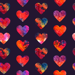 Hearts abstract grunge colorful splashes texture watercolor seamless pattern design on dark blue background