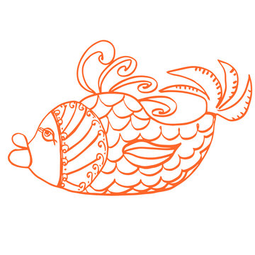 Cartoon fish in folk style. Hand drawn golden fish with ethnic motives for posters, prints, coloring book pages, posters, clothes, decor, decoupage, scrapbooking, logos, design, tattoo