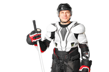 Smiling hockey player in safety gear isolated on white background.
