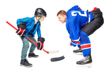 Concept ice hockey game players isolated on white background. Man and boy playing game