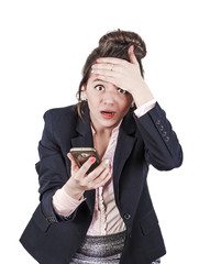 Shocked executive director of a young woman, dressed in black elegant clothes, surprised by...
