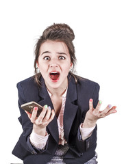 Shocked executive director of a young woman, dressed in black elegant clothes, surprised by...