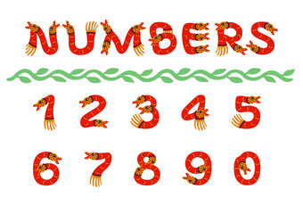 Numbers in the form of cute a red fantastic beast; Decorative numbers with a snake-like monster isolated