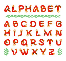 English alphabet in the form of cute a red fantastic beast; Decorative letters with a snake-like monster isolated