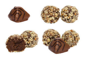 A set of chocolates isolated on white background. Handmade candy with chocolate ganache