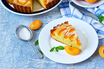 Homemade cake with apricots and nectarines on a concrete background.