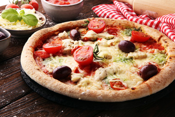 pizza with cheese fresh baked pizza coming out of the oven