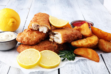 traditional British fish and chips with potato and lemon