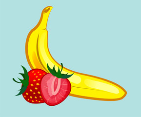 Mix banana and strawberries. Vector illustration with banana and two fruits of strawberry.