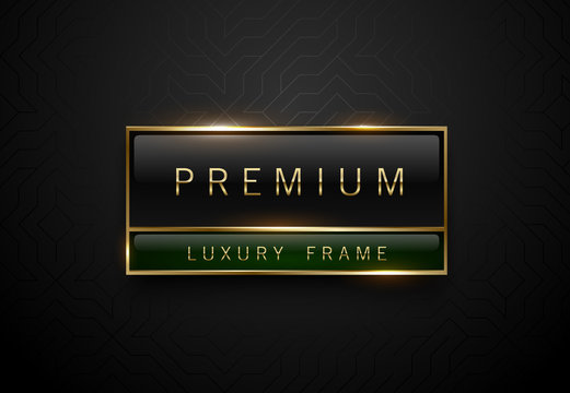 Premium black green label with golden frame on black geometric background. Dark luxury logo template. Vector illustration.