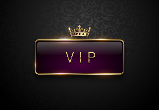 Vip royal purple label with golden frame and crown on black floral pattern background. Dark premium template. Vector illustration.