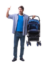 Young dad with child pram isolated on white