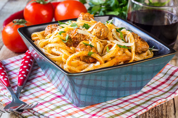 Pasta with tomato sauce and meatballs