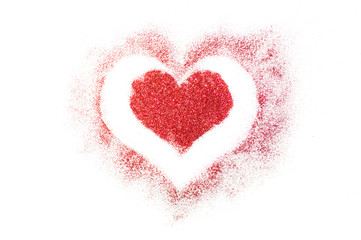 Red glitter heart on a white background for Valentines Day