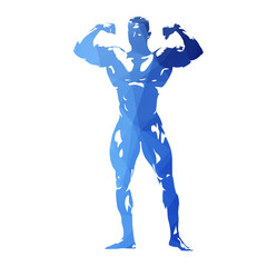 Posing bodybuilder, abstract blue geometric vector silhouette. Front view. Man with big muscles standing