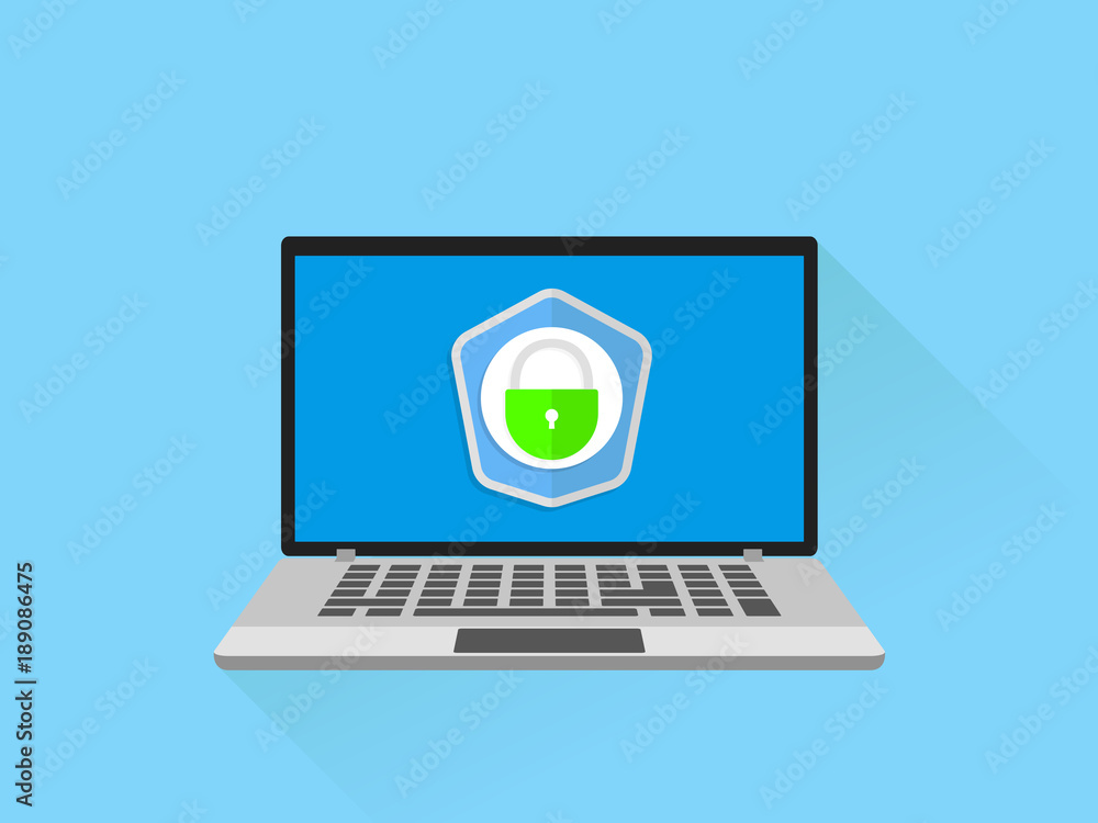 Poster laptop with shield and lock on table. computer security concept. vector illustration
