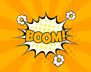 Boom comic text speech bubble vector isolated template. Sound effect bang cloud icon of color phrase lettering on halftone background