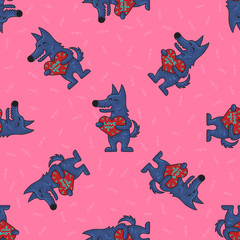 Cute doodle tribal seamless pattern with wolfs.