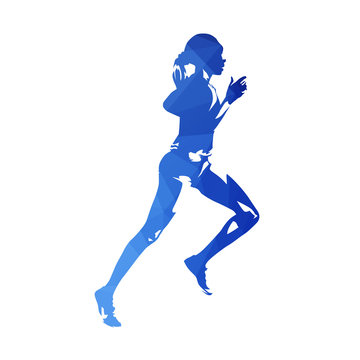 Running woman, abstract blue polygonal vector silhouette