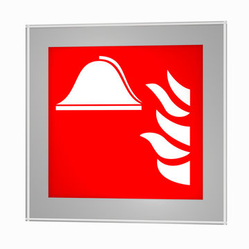 Brandschutzzeichen nach der aktuellen Form der ASR A1.3: Mittel und Geräte zur Brandbekämpfung, im Glasrahmen. 3d render
