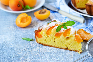 Homemade cake with apricots and nectarines on a concrete background.