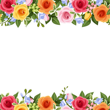 Vector horizontal seamless background with red, pink, orange and yellow roses, blue freesia flowers and green leaves on a white background.