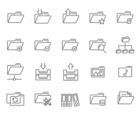 Set of folders Related Vector Line Icons. Contains such Icons as open and security folder, interface, documents, local area networks, transmission and storage of data and more.